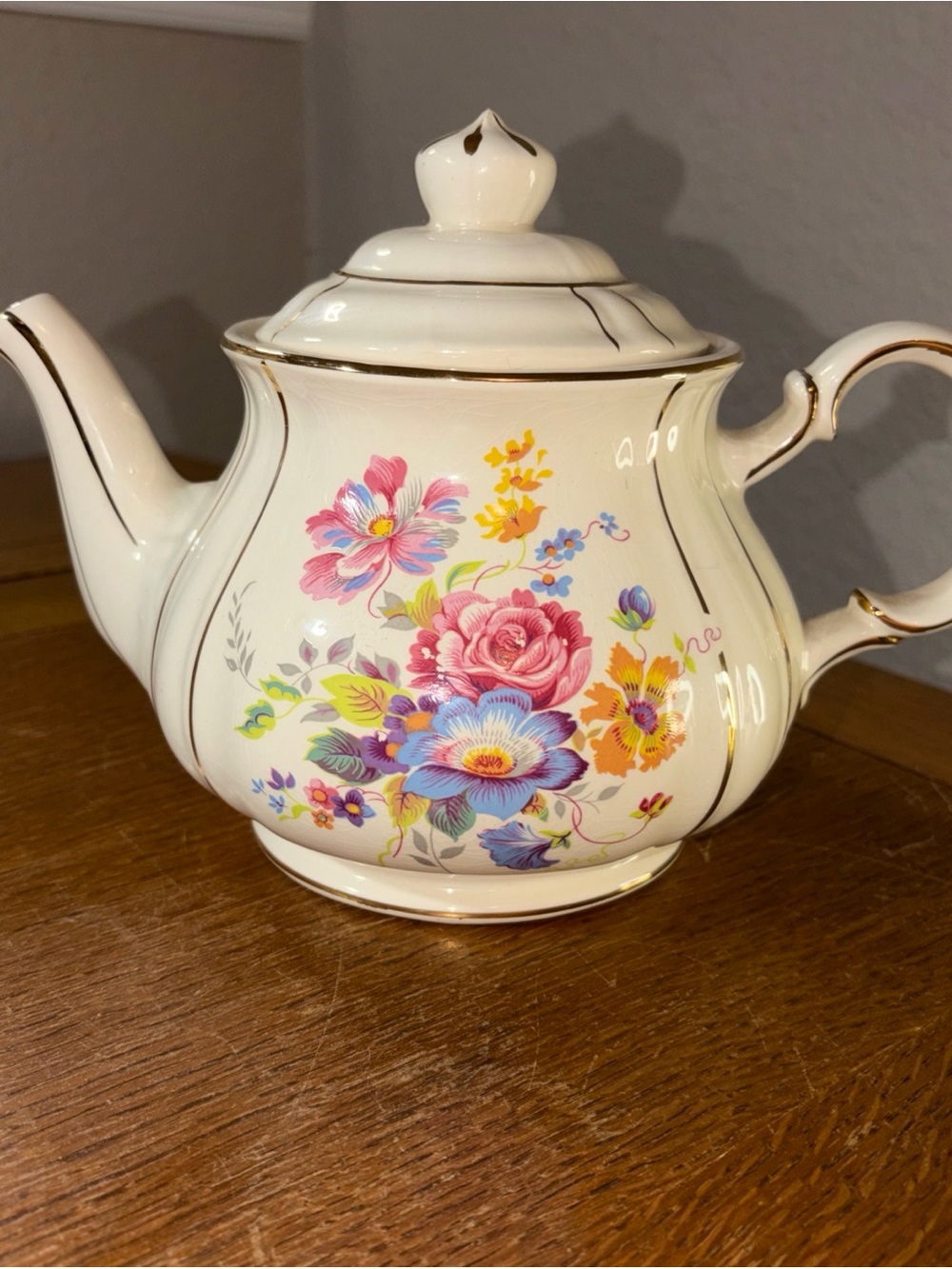 Cream Floral Porcelain Teapot with Pink & Blue Flower Design